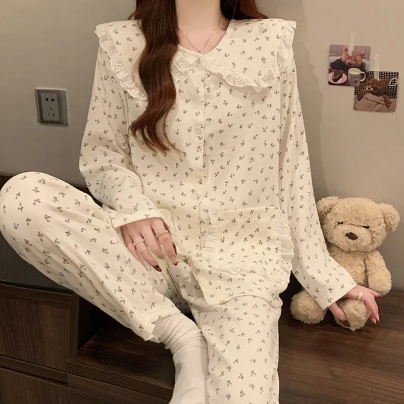 Women’s Cloud Cotton Pajama Set Long Sleeve Doll Collar Cute Home Sleepwear
