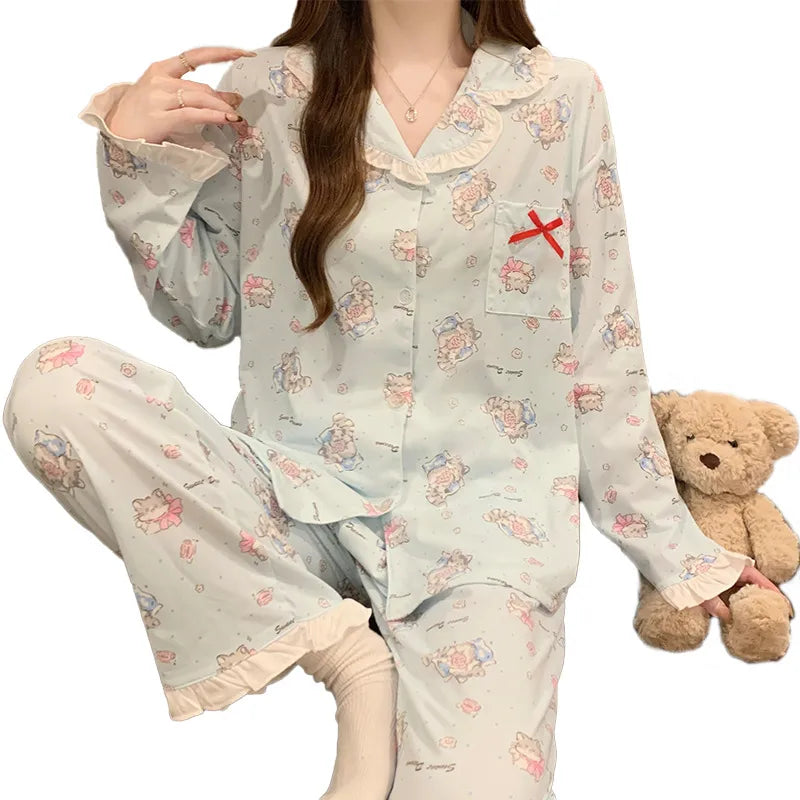 Women’s Butterfly Knot Cartoon Pajama Set Long Sleeve Cotton Feel Home Sleepwear