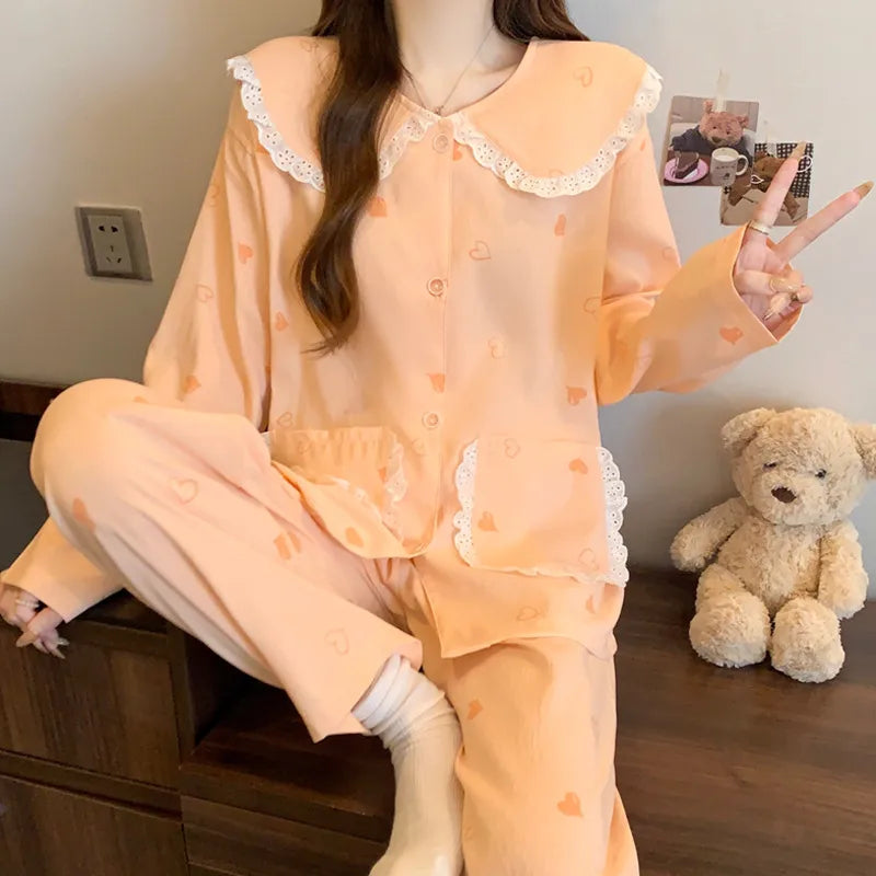 Women’s Cloud Cotton Pajama Set Long Sleeve Doll Collar Cute Home Sleepwear