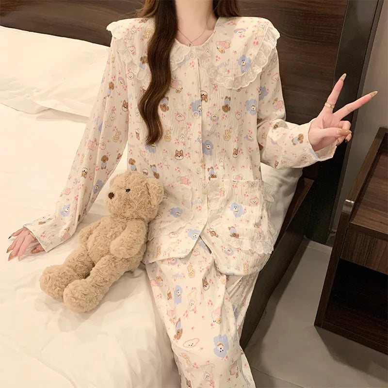 Women’s Cloud Cotton Pajama Set Long Sleeve Doll Collar Cute Home Sleepwear