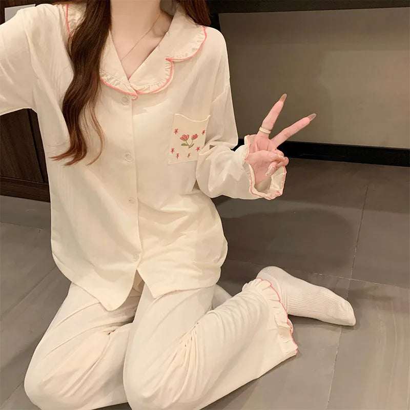 Women’s Tulip Floral Pajama Set Long Sleeve Cotton Feel Lace Home Sleepwear