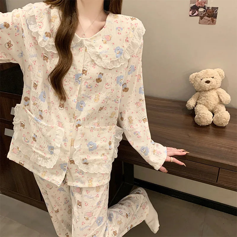 Women’s Cloud Cotton Pajama Set Long Sleeve Doll Collar Cute Home Sleepwear