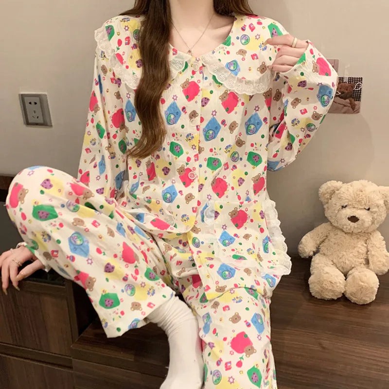Women’s Cloud Cotton Pajama Set Long Sleeve Doll Collar Cute Home Sleepwear