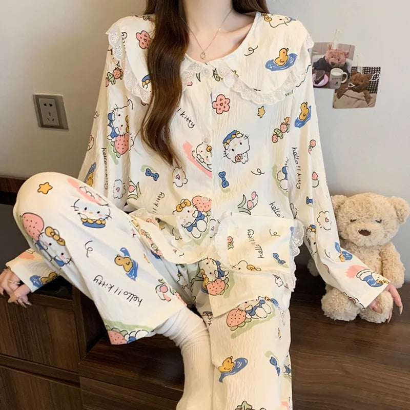 Women’s Cloud Cotton Pajama Set Long Sleeve Doll Collar Cute Home Sleepwear