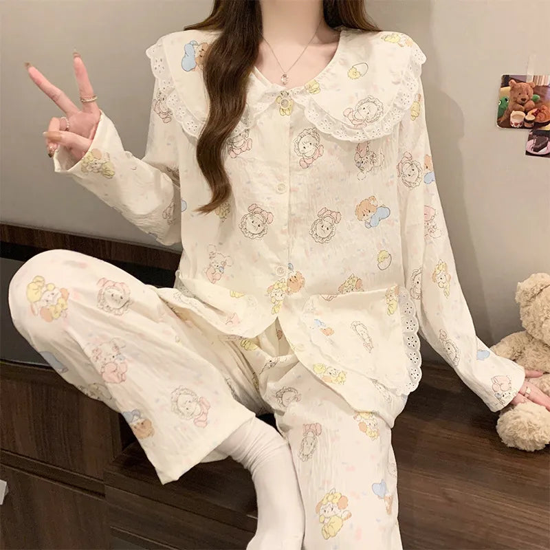 Women’s Cloud Cotton Pajama Set Long Sleeve Doll Collar Cute Home Sleepwear