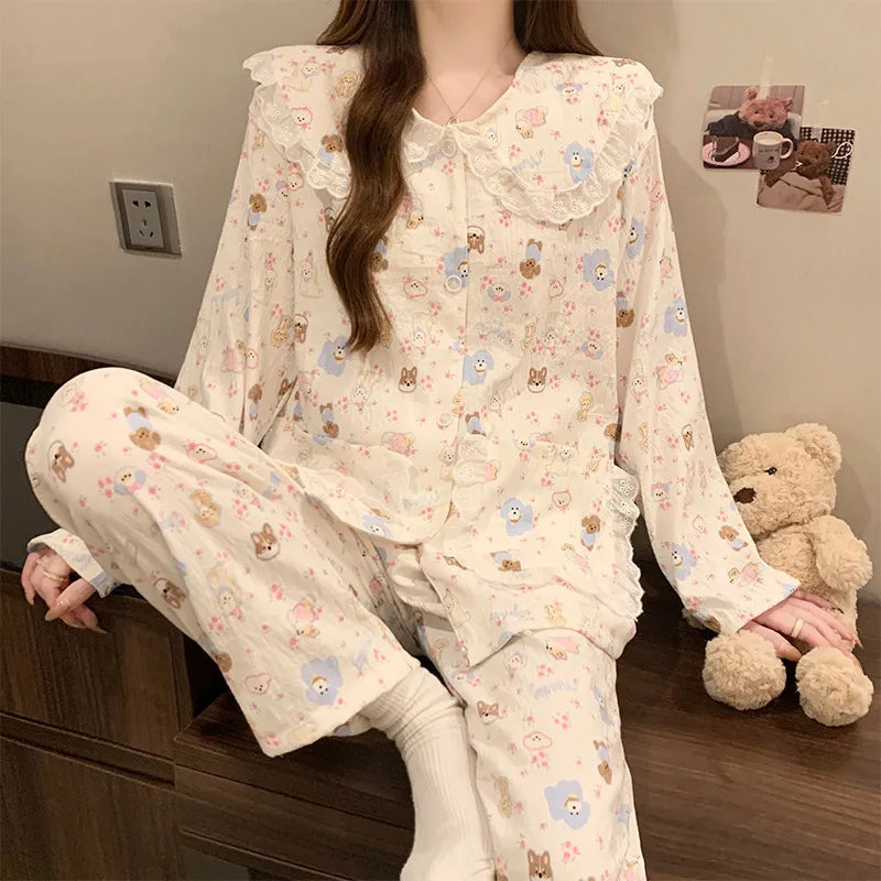 Women’s Cloud Cotton Pajama Set Long Sleeve Doll Collar Cute Home Sleepwear