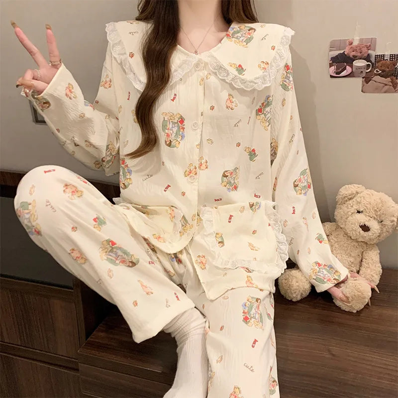 Women’s Cloud Cotton Pajama Set Long Sleeve Doll Collar Cute Home Sleepwear