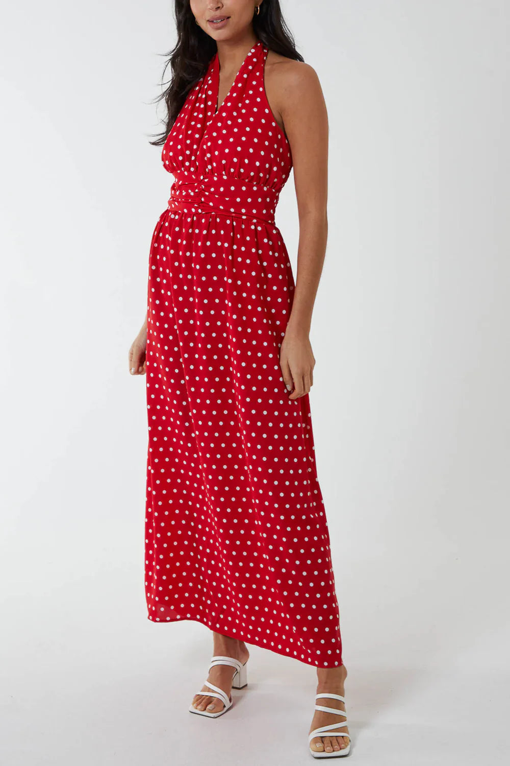 Polka Dot Halterneck Button Belt Maxi Dress Size