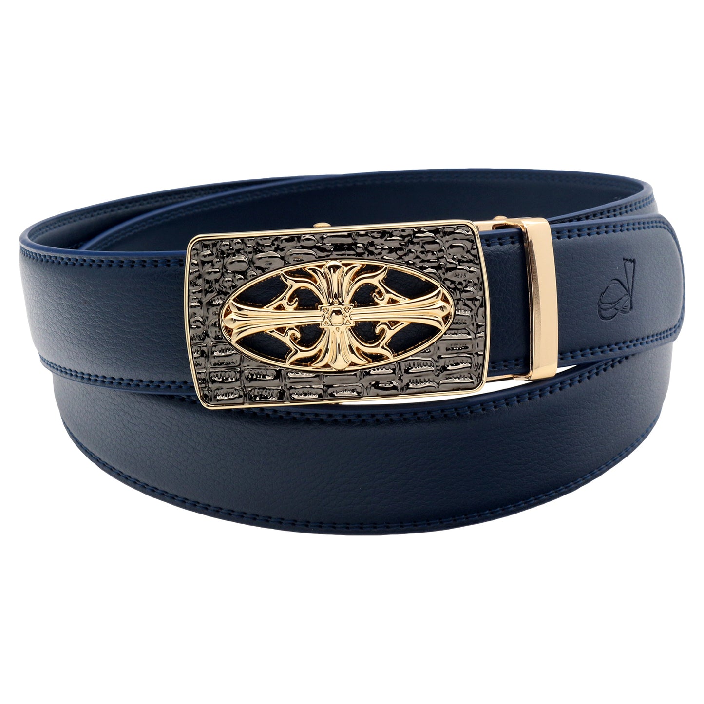 QHA Mens Ratchet Leather Belt Cross Automatic Buckle 35mm Wide Q21