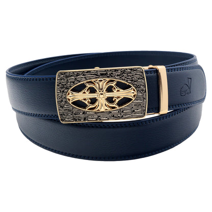 QHA Mens 35mm Leather Ratchet Belt, Gothic Cross Automatic Buckle Q21