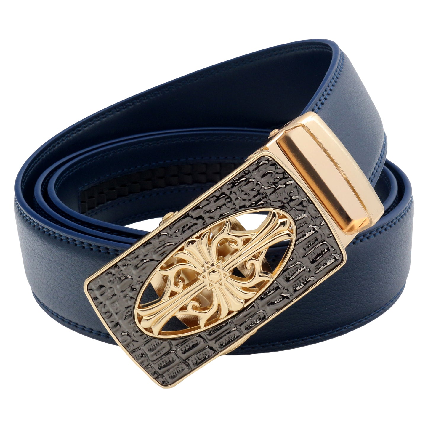QHA Mens Ratchet Leather Belt Cross Automatic Buckle 35mm Wide Q21