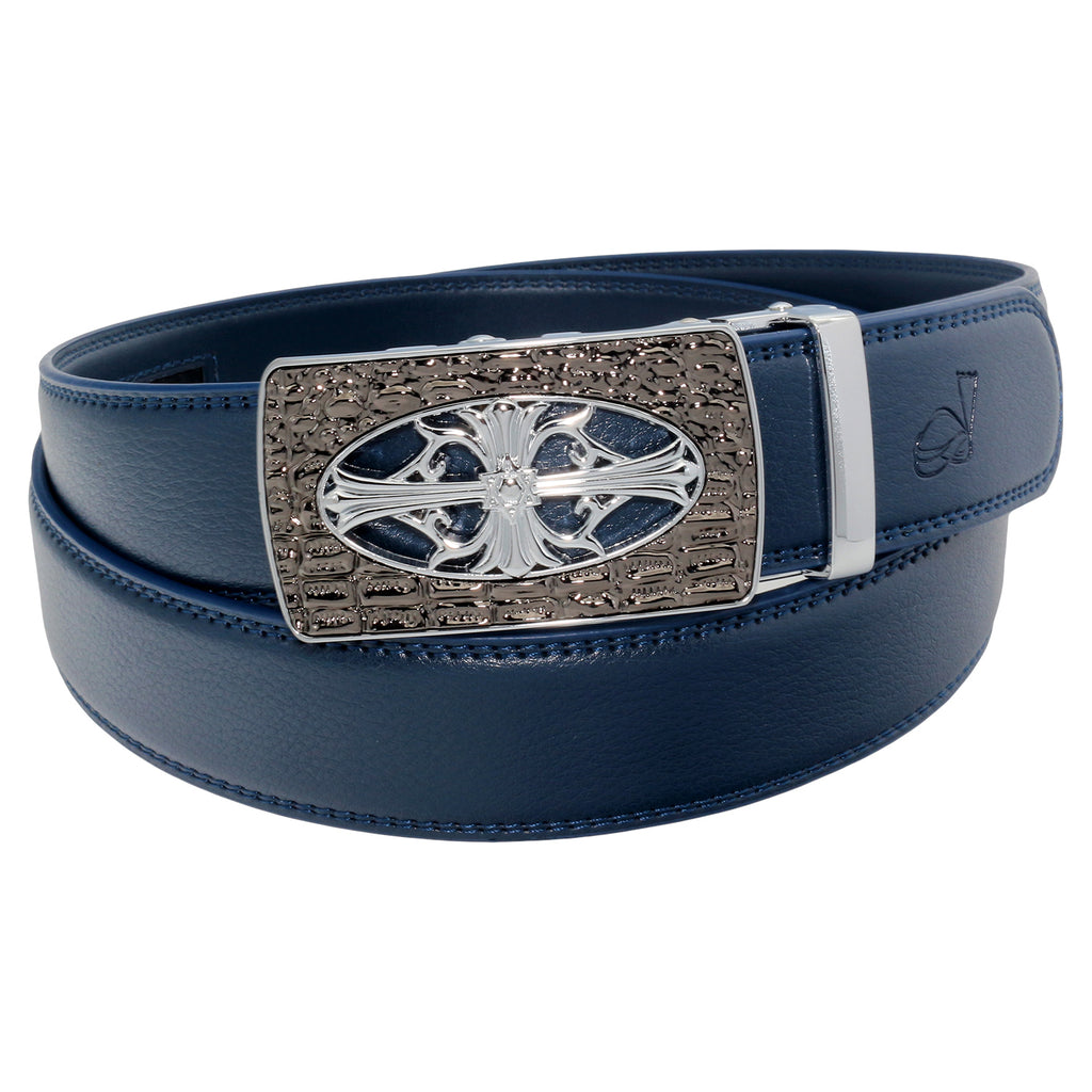 QHA Men's 35mm Leather Ratchet Belt, Gothic Cross Automatic Buckle Q21