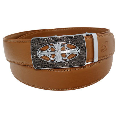 QHA Mens 35mm Leather Ratchet Belt, Gothic Cross Automatic Buckle Q21