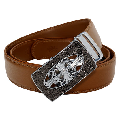 QHA Mens 35mm Leather Ratchet Belt, Gothic Cross Automatic Buckle Q21