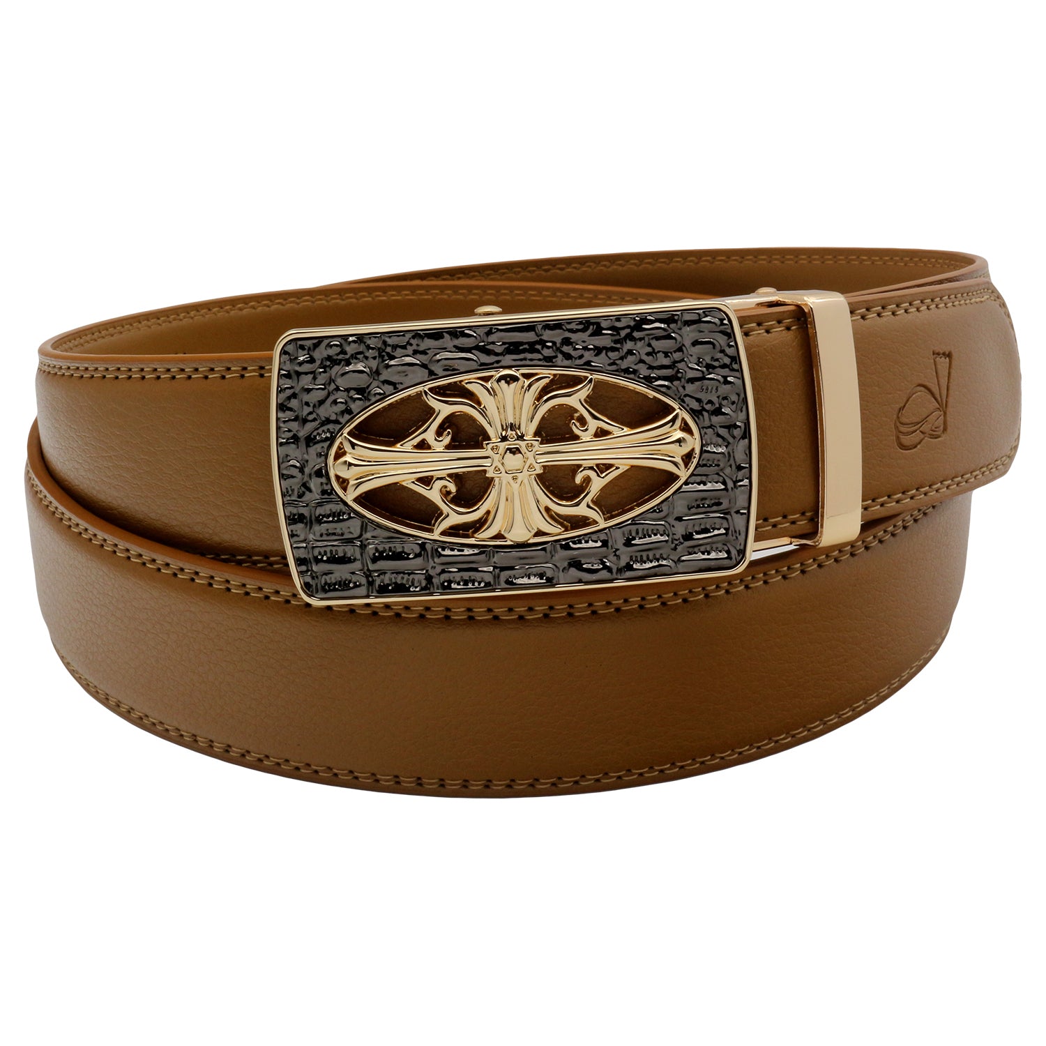 QHA Mens Ratchet Leather Belt Cross Automatic Buckle 35mm Wide Q21