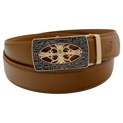 QHA Mens 35mm Leather Ratchet Belt, Gothic Cross Automatic Buckle Q21