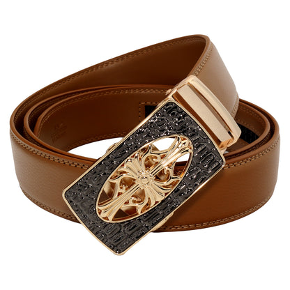 QHA Mens 35mm Leather Ratchet Belt, Gothic Cross Automatic Buckle Q21