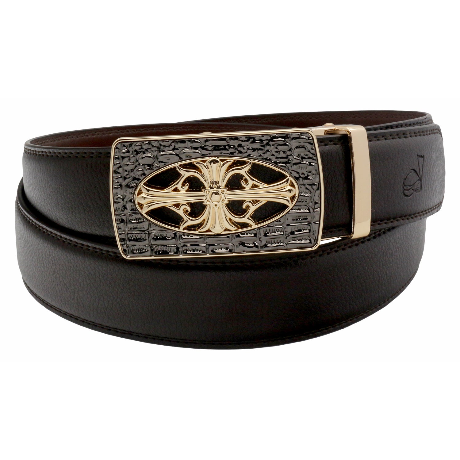 QHA Mens Ratchet Leather Belt Cross Automatic Buckle 35mm Wide Q21