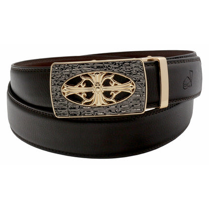 QHA Mens 35mm Leather Ratchet Belt, Gothic Cross Automatic Buckle Q21