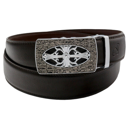 QHA Mens 35mm Leather Ratchet Belt, Gothic Cross Automatic Buckle Q21