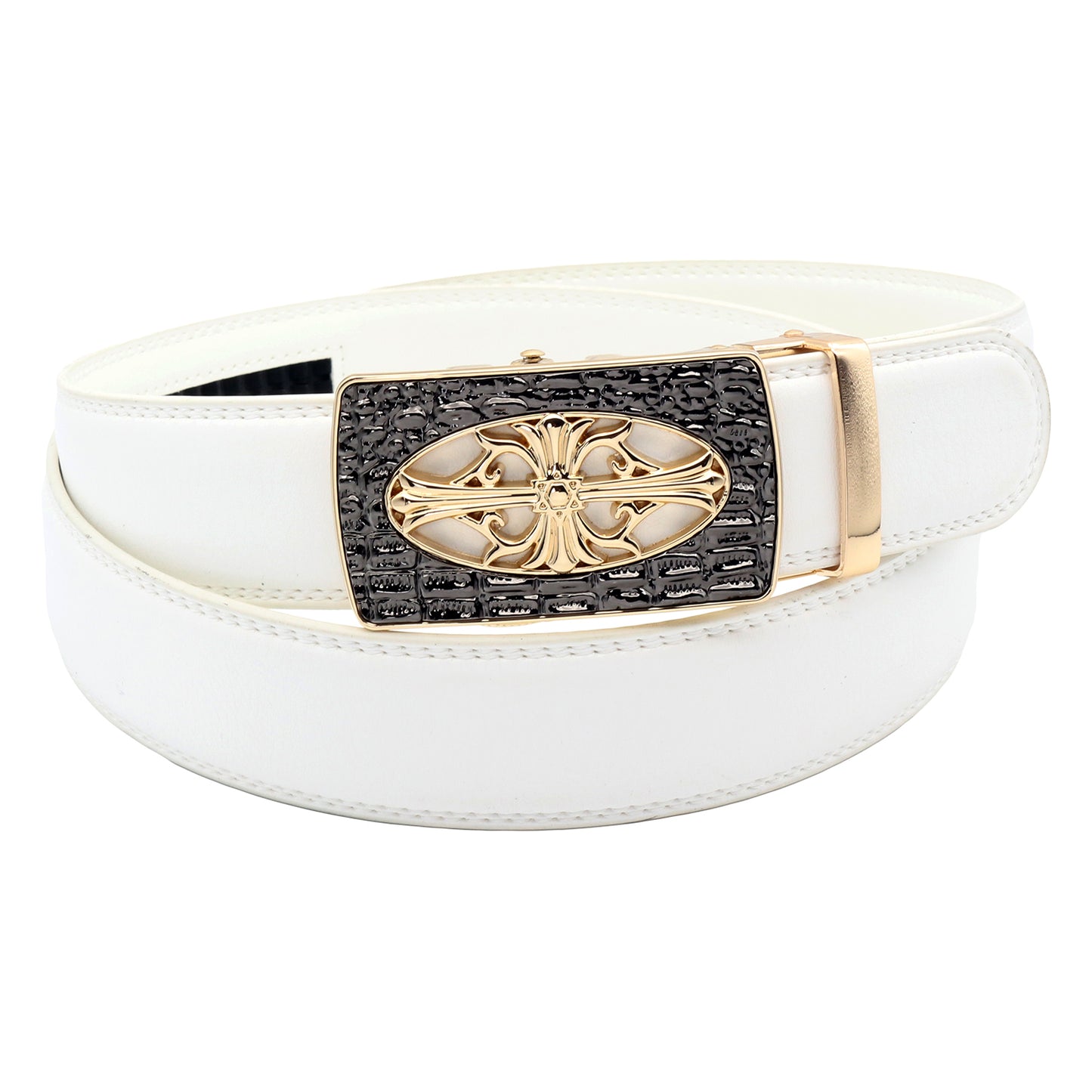QHA Mens Ratchet Leather Belt Cross Automatic Buckle 35mm Wide Q21