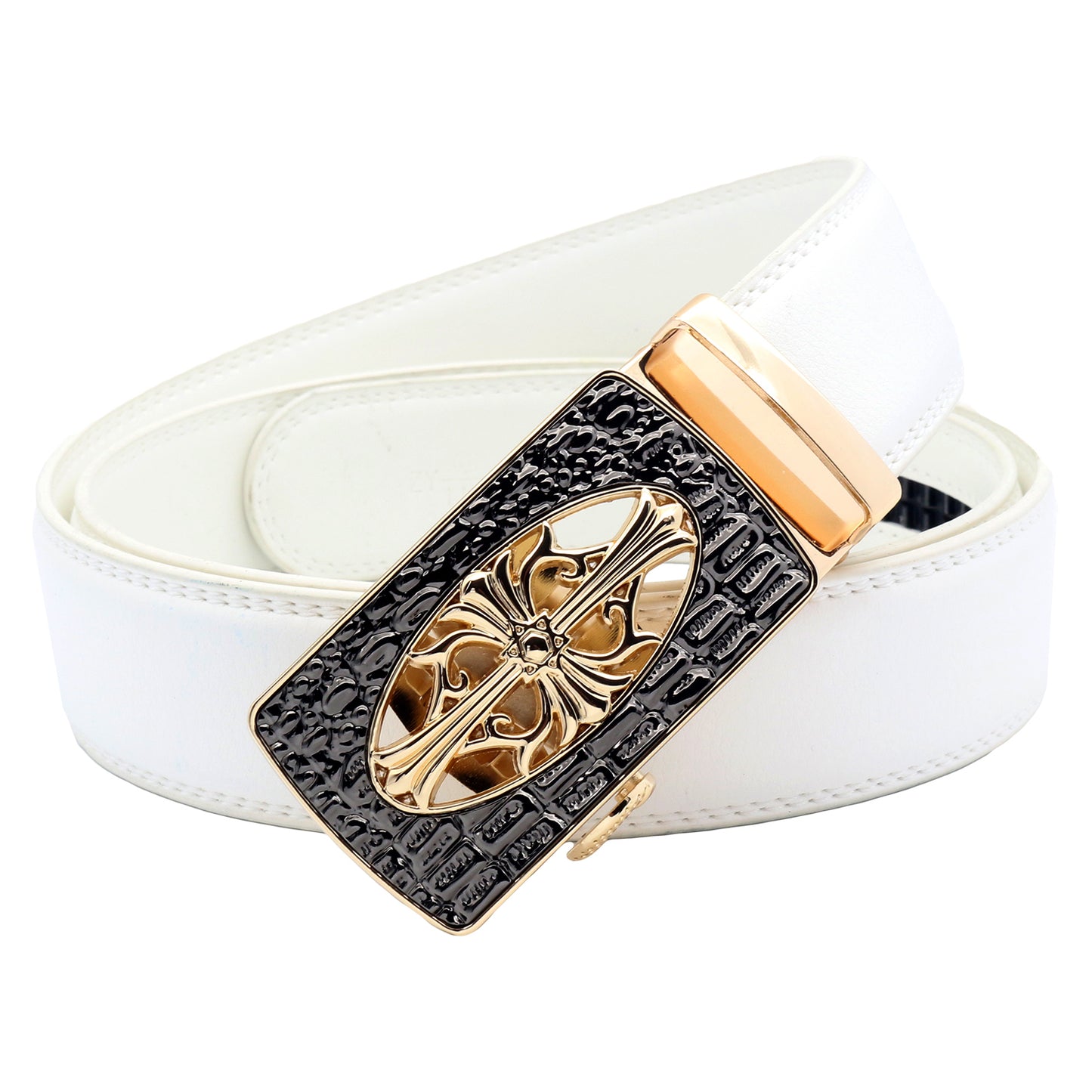 QHA Mens Ratchet Leather Belt Cross Automatic Buckle 35mm Wide Q21