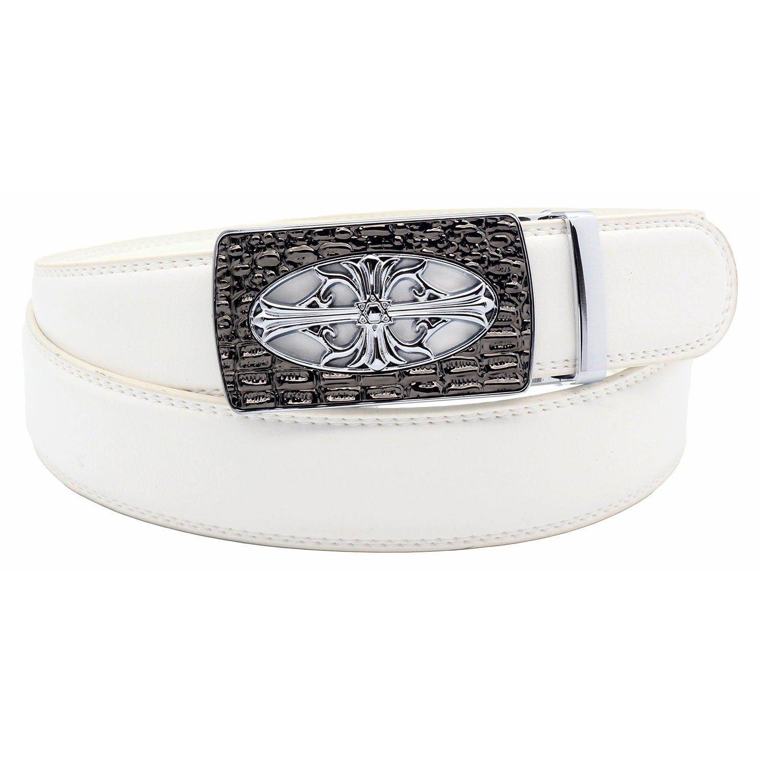 QHA Mens Ratchet Leather Belt Cross Automatic Buckle 35mm Wide Q21