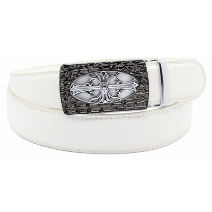 QHA Mens 35mm Leather Ratchet Belt, Gothic Cross Automatic Buckle Q21