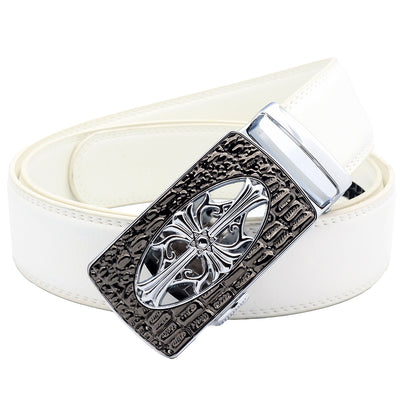 QHA Mens 35mm Leather Ratchet Belt, Gothic Cross Automatic Buckle Q21