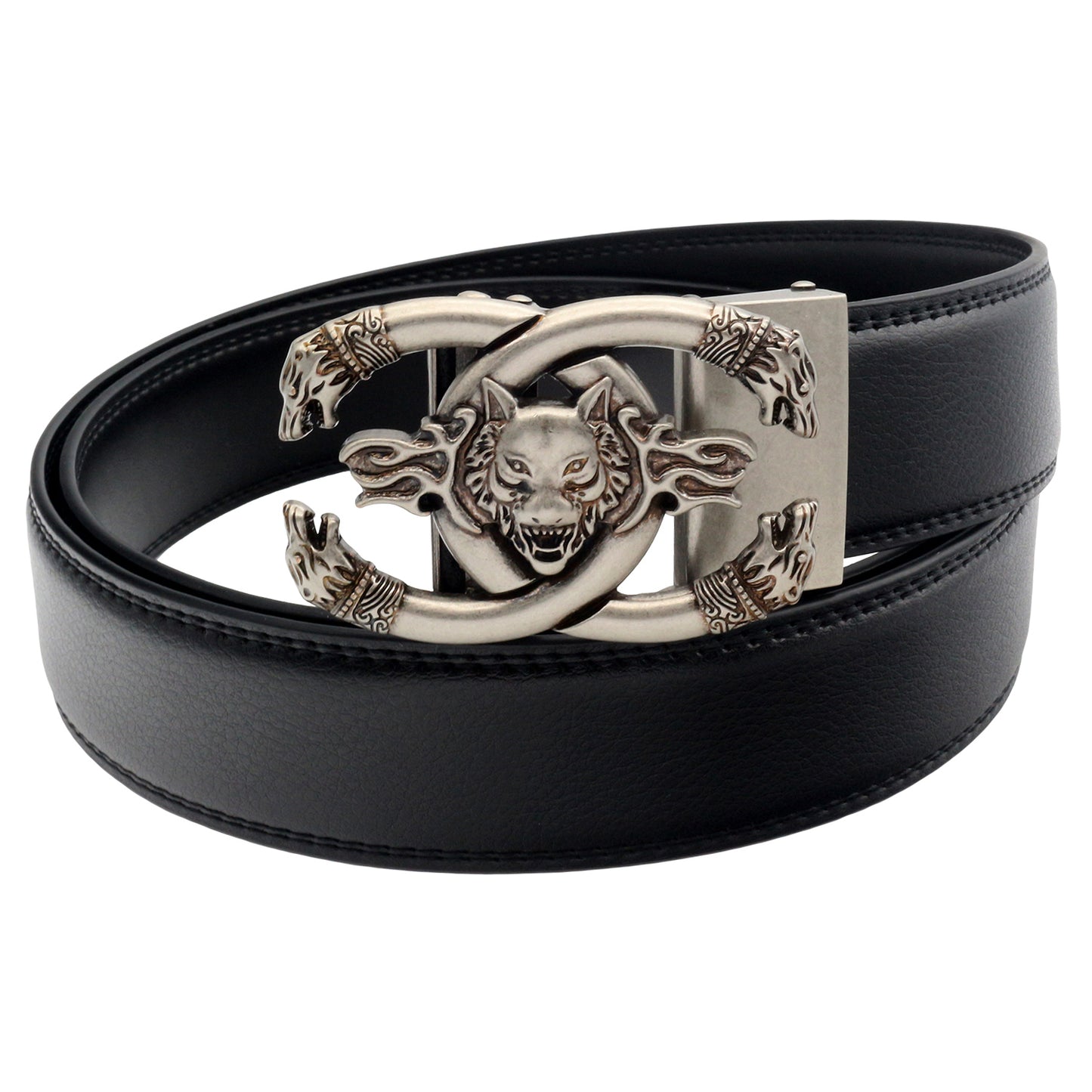QHA Men's 35mm Leather Ratchet Belt 3D Wolf Buckle Q19