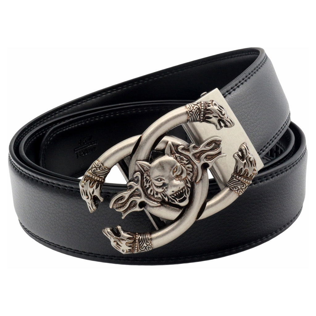 QHA Mens 35mm Leather Ratchet Belt with 3D Wolf Automatic Buckle, Q19