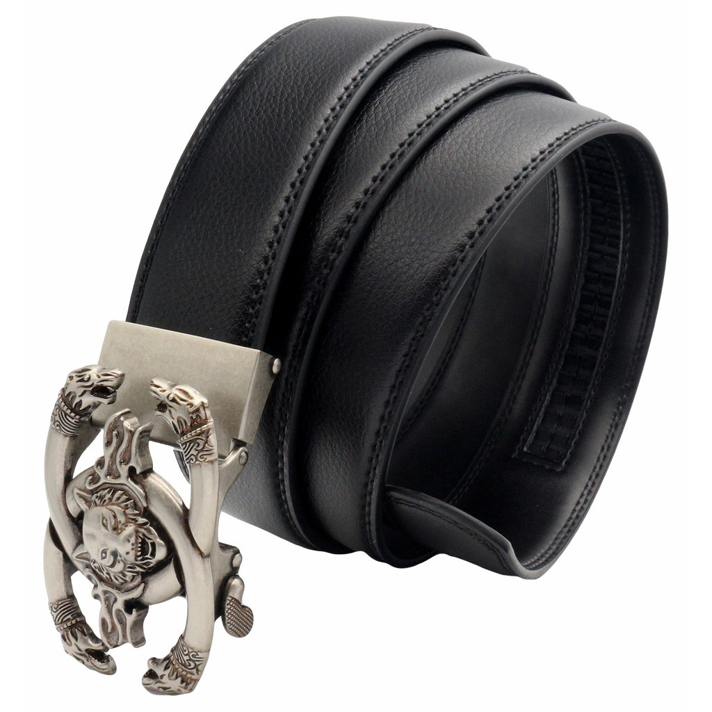 QHA Mens 35mm Leather Ratchet Belt with 3D Wolf Automatic Buckle, Q19