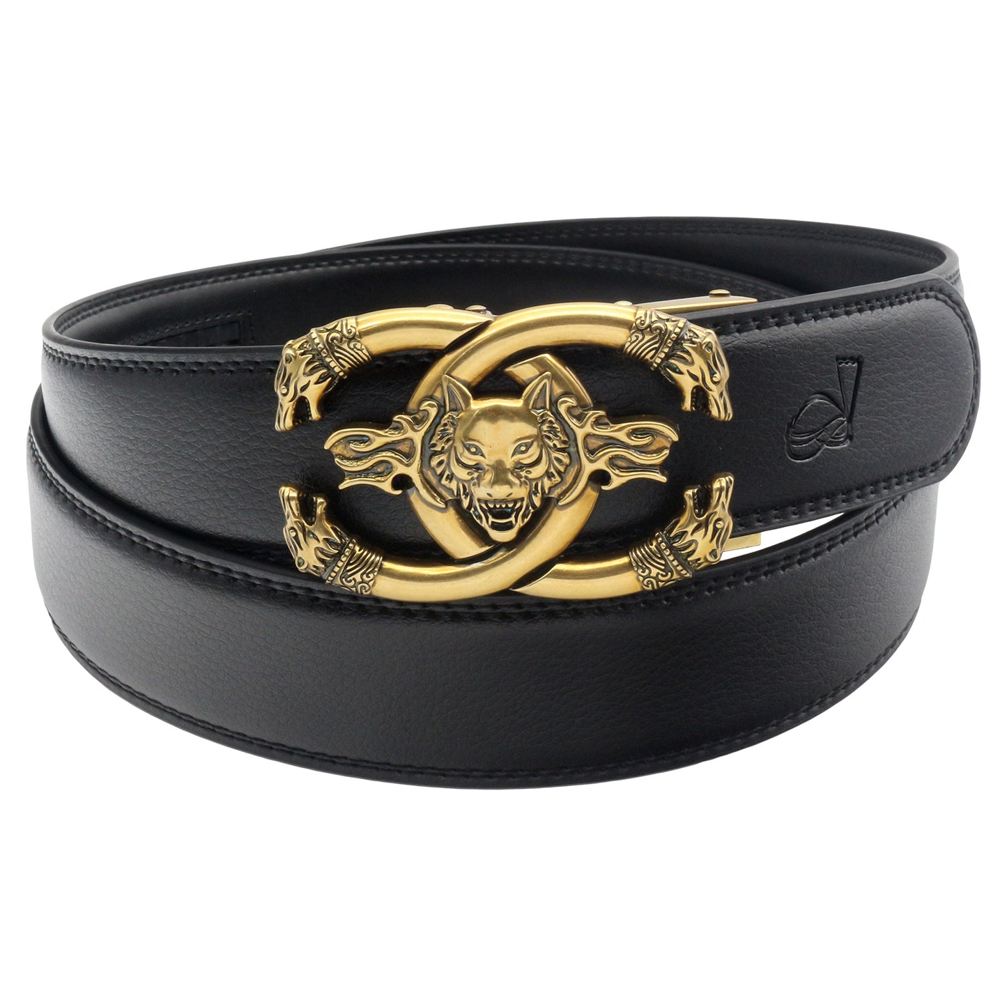 QHA Men's 35mm Leather Ratchet Belt 3D Wolf Buckle Q19