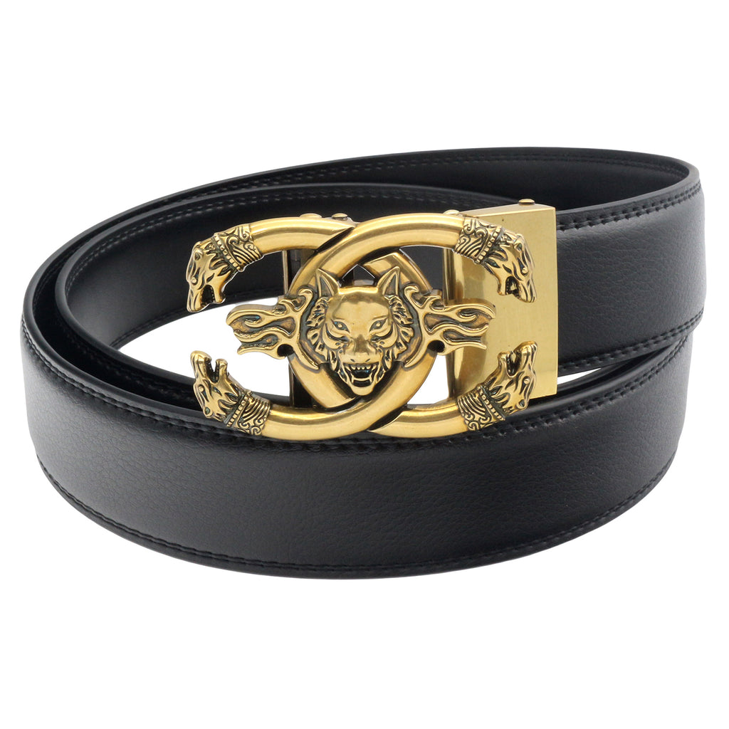 QHA Mens 35mm Leather Ratchet Belt with 3D Wolf Automatic Buckle, Q19