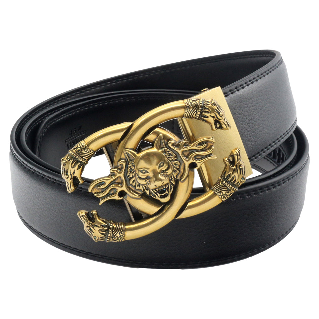 QHA Mens 35mm Leather Ratchet Belt with 3D Wolf Automatic Buckle, Q19