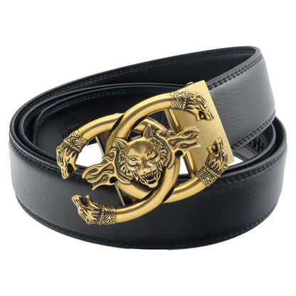 QHA Men's 35mm Leather Ratchet Belt 3D Wolf Buckle Q19