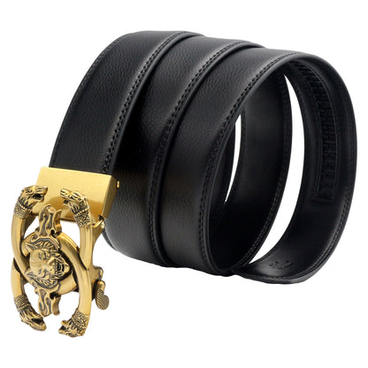 QHA Men's 35mm Leather Ratchet Belt 3D Wolf Buckle Q19