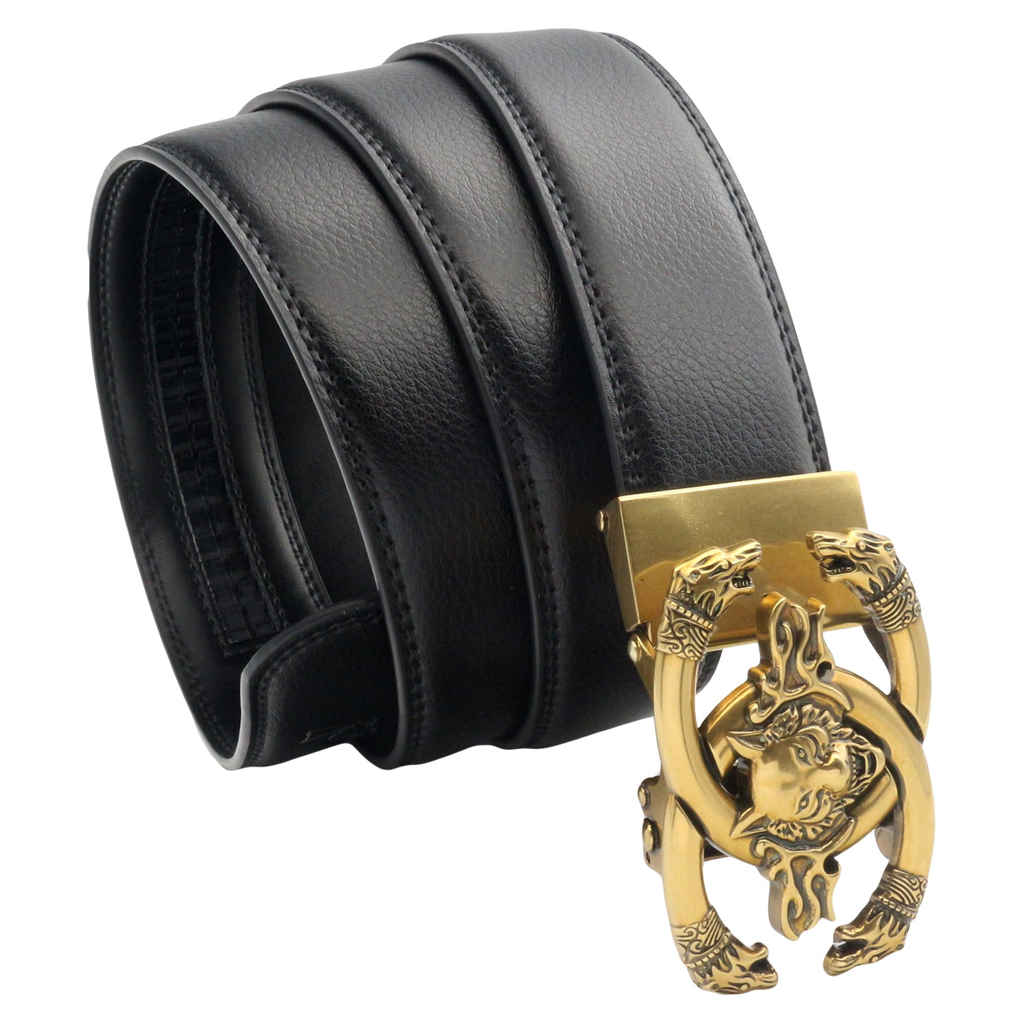 QHA Men's 35mm Leather Ratchet Belt 3D Wolf Buckle Q19