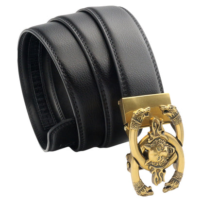 QHA Men's 35mm Leather Ratchet Belt 3D Wolf Buckle Q19