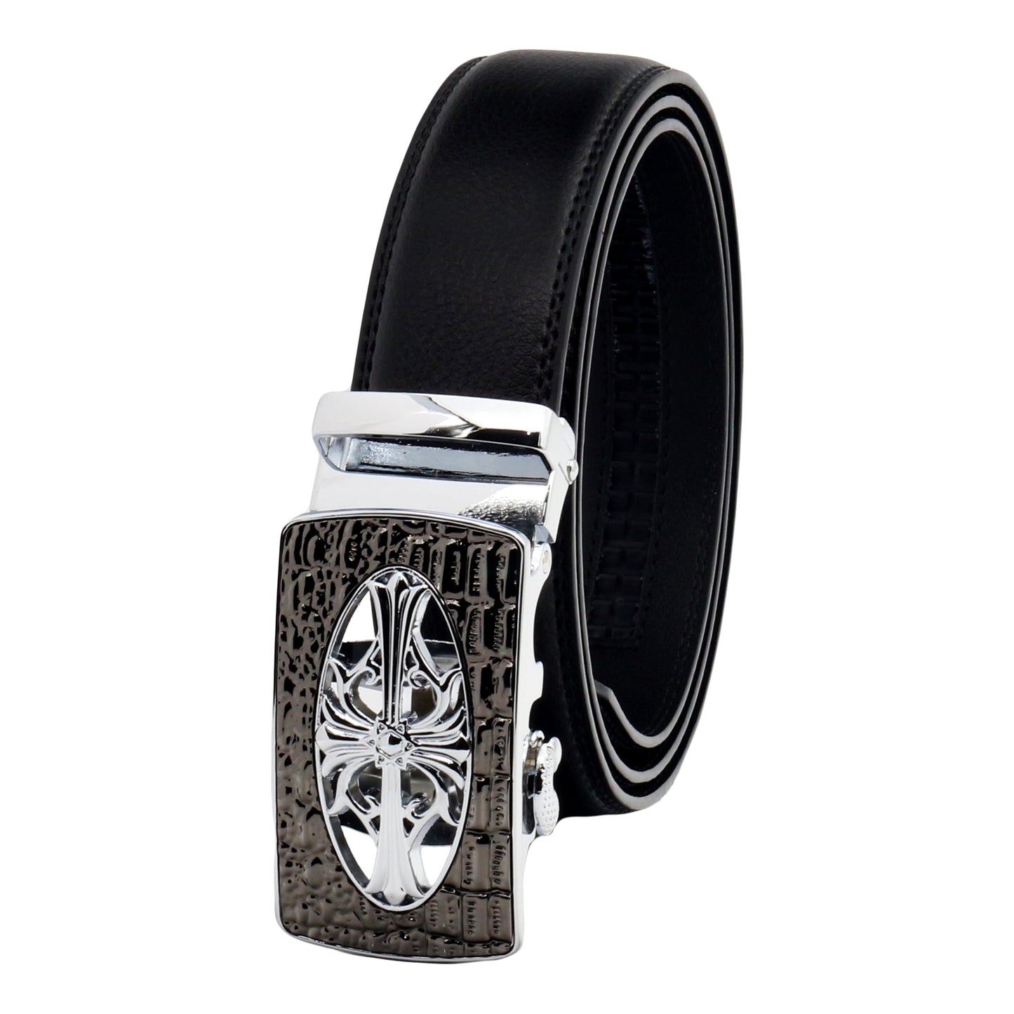 QHA Mens Ratchet Leather Belt Cross Automatic Buckle 35mm Wide Q21