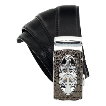 QHA Mens 35mm Leather Ratchet Belt, Gothic Cross Automatic Buckle Q21