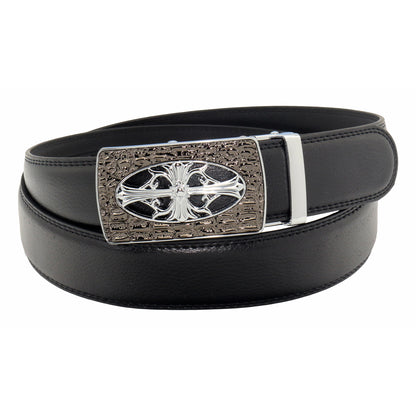 QHA Mens 35mm Leather Ratchet Belt, Gothic Cross Automatic Buckle Q21