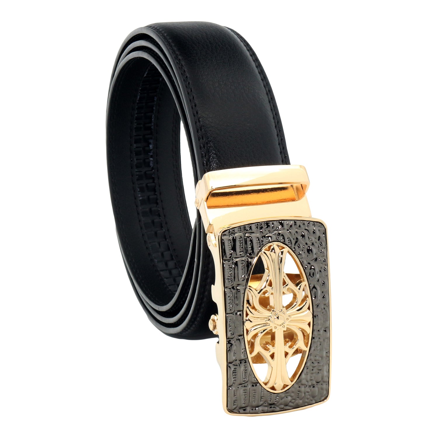 QHA Mens Ratchet Leather Belt Cross Automatic Buckle 35mm Wide Q21
