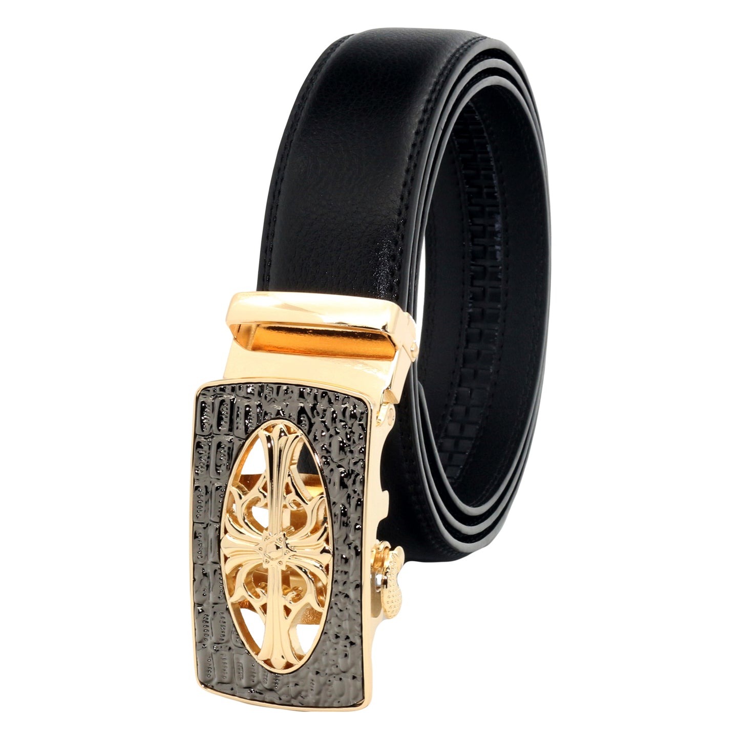 QHA Mens Ratchet Leather Belt Cross Automatic Buckle 35mm Wide Q21