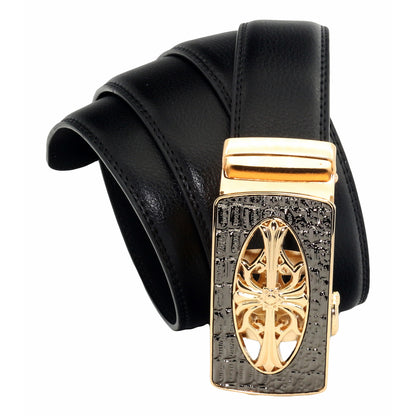 QHA Mens 35mm Leather Ratchet Belt, Gothic Cross Automatic Buckle Q21