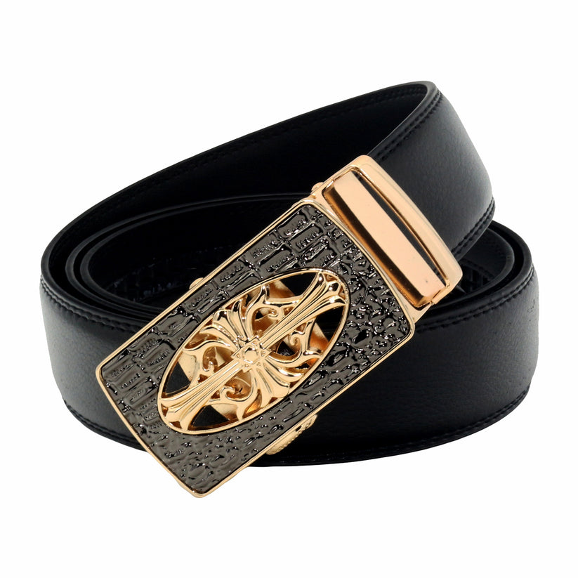 QHA Men's 35mm Leather Ratchet Belt, Gothic Cross Automatic Buckle Q21 - QHA UK