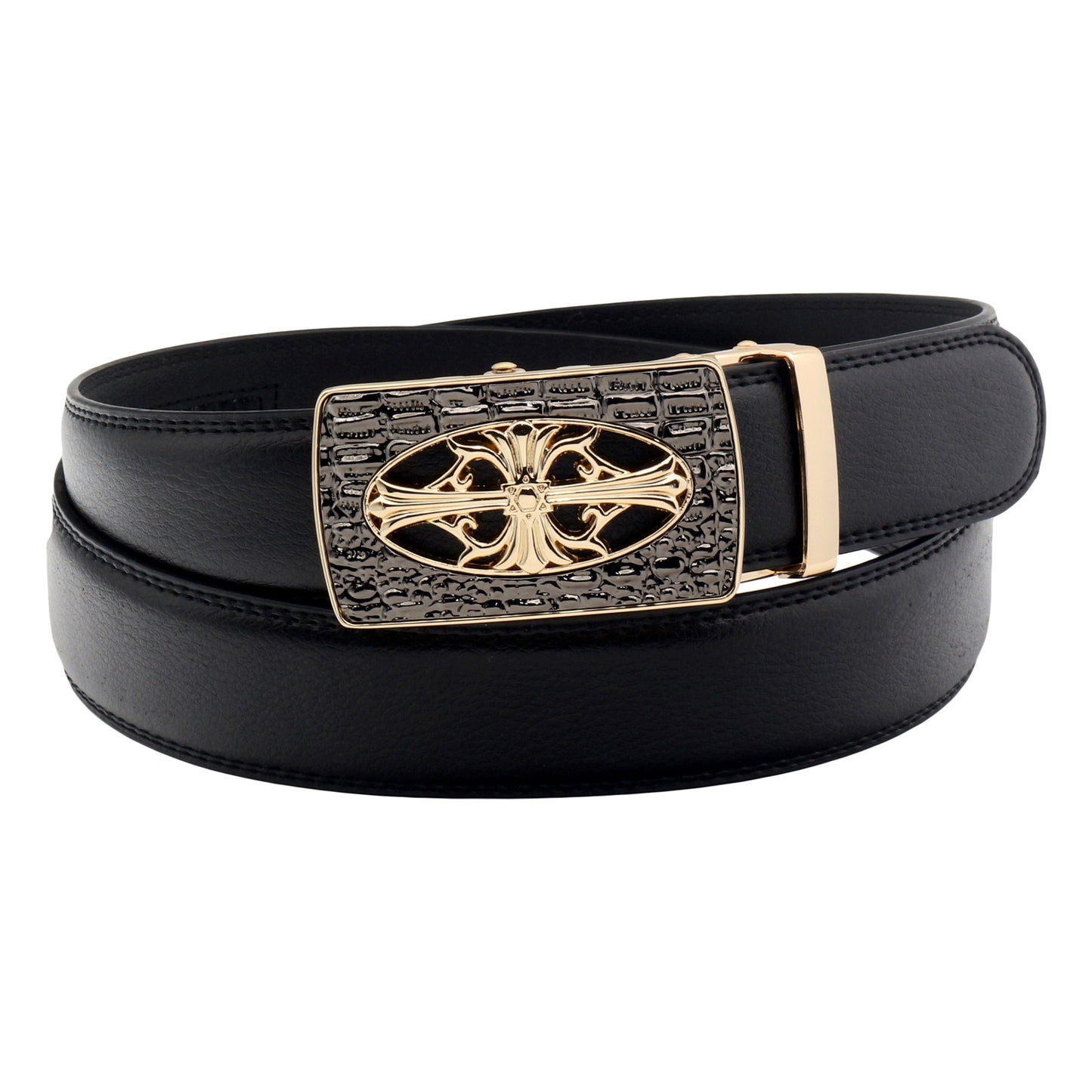 QHA Mens Ratchet Leather Belt Cross Automatic Buckle 35mm Wide Q21
