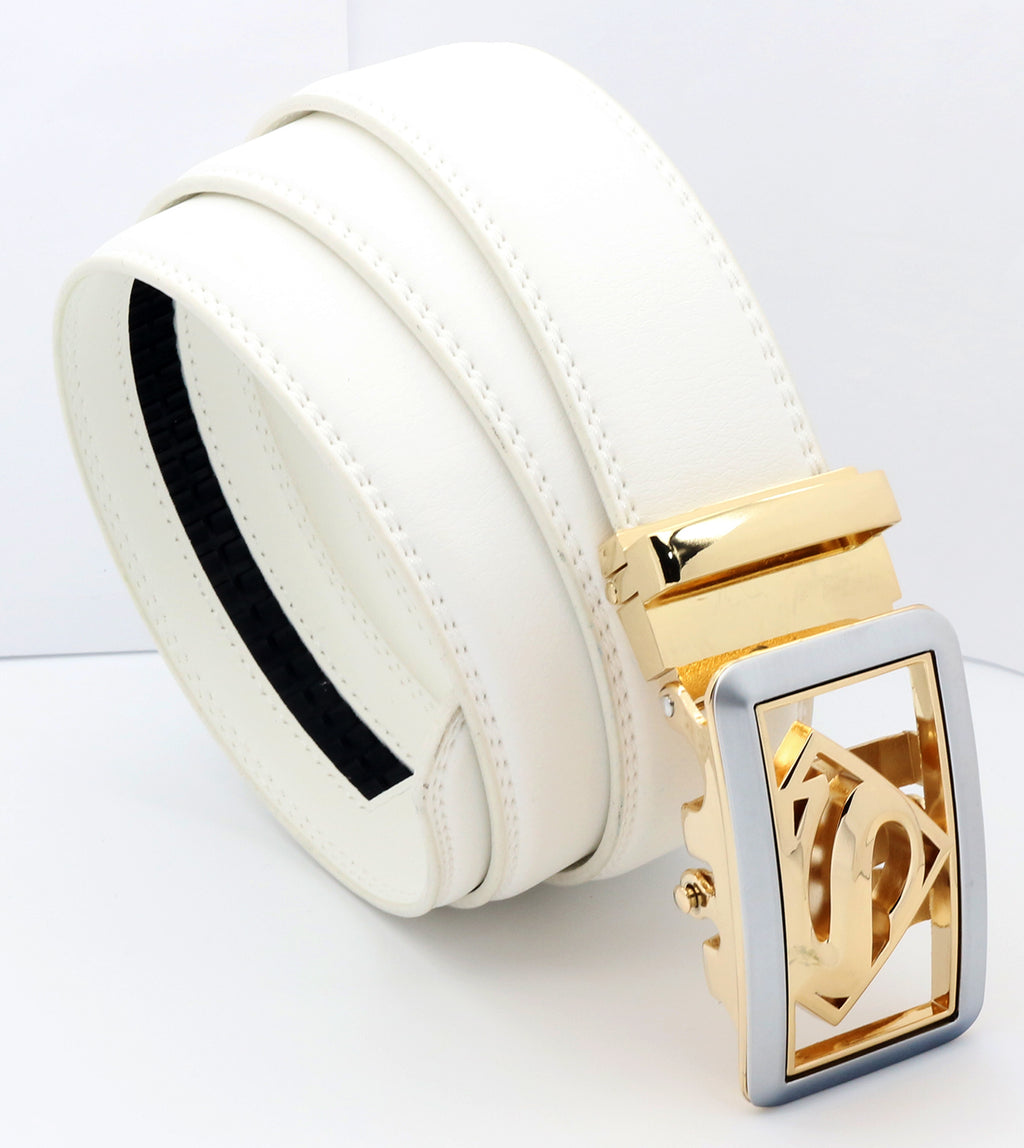 QHA Mens Superman Leather Belts Superhero Automatic Ratchet Belt Buckle Men Q07