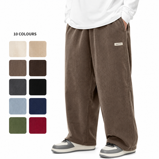 Mens Corduroy Trousers Elastic Waist Straight Leg Casual Cord Pants UK - QHA UK