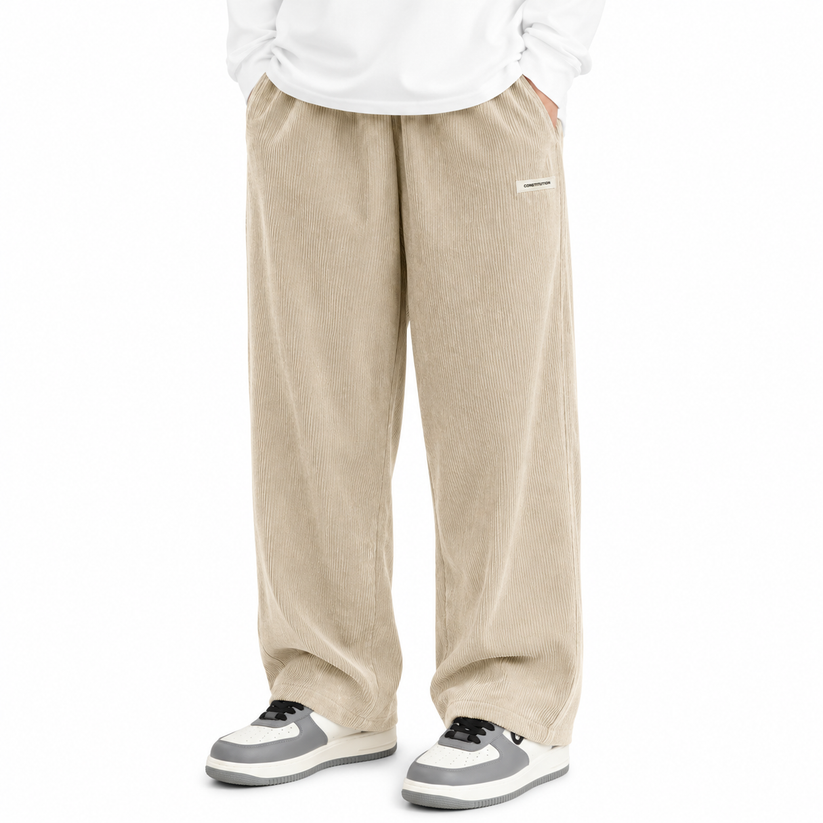 Mens Corduroy Trousers Elastic Waist Straight Leg Casual Cord Pants UK - Waistband Detail - QHA UK
